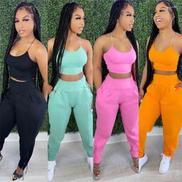 Women's Two Piece Pants 2023 Summer Fashion Women Set Solid 2 Pieces Crop Top And Sporty Pant Suit Outfits