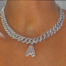 Bling Hip Hop 26 Baguette Letter Necklace Stainless Steel for Women Thick Miami Cuban Link Chain Men Iced Out Choker Necklace 2103250o