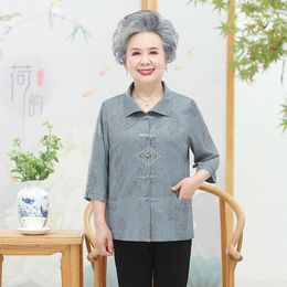 Women's Blouses Middle Age Women Shirt And Tops Spring Summer Three Quarter Sleeves Cardigan Blouse Elderly Grandma Shirts Blusa