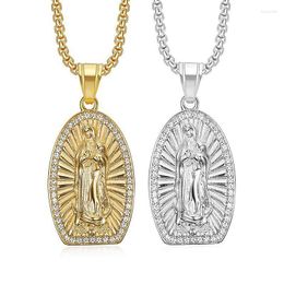 Pendant Necklaces Hip Hop Rhinestones Paved Bling Iced Out Gold Color Stainless Steel Virgin Mary Pendants Necklace For Men Jewelry Gift