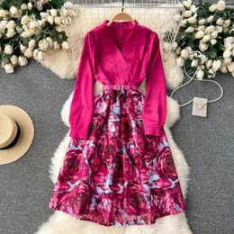 Casual Dresses Clothland Women Vintage Floral Midi Dress V Neck Long Sleeve Belt A Line Retro One Piece Office Wear Vestido QD084