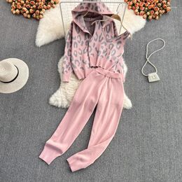 Women's Two Piece Pants Women Knitted 3 Sets Leopard Print Hooded Cardigan Crop Vest Tops Harem Outfits Korean Sweater Tracksuits