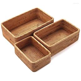 Storage Baskets Natural Rattan Rectangular Woven Fruit Wicker Decoration And Organiser (Set Of 3)