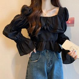 Women's Blouses Sweet Girl Square Neck Flare Long-sleeved Shirts 2023 Early Autumn Niche Design Ruffled Shirt Temperament Tops