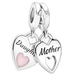 925 Sterling Silver Beads Charms Mother Daughter Double Heart Split Dangle Pendants Fit Original Bracelet DIY Women Jewelry313O