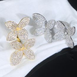 Luxury Designer Big Flowers Plants Open Adjustable Size Finger Ring High Quality Paved Cubic Zircon Hip Hop Women Ring for Wedding Jewelry Wholesale