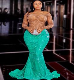 2023 Nov Aso Ebi Arabic Hunter Blue Mermaid Prom Dress Sequined Lace Beaded Evening Formal Party Second Reception Birthday Engagement Gowns Dresses Robe De Soiree
