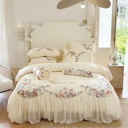 Bedding Sets Chiffon Lace Princess Set Luxury Egyptian Cotton Flowers Embroidery Duvet Cover Bed Sheet Pillowcases Home Textile