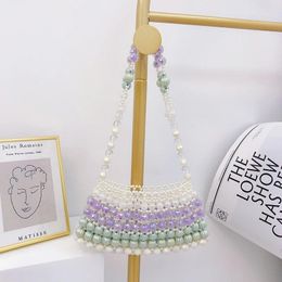 Evening Bags Customised Crystal Bag Fashion Advanced Multi Colour Spliced Pearl Women's Shoulder Cute Girl Beaded Knitted Handbag