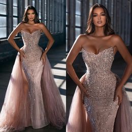 Blush Pink Overskirts evening dresses strapless sequins beading formal prom party gowns dresses for special occasions sweep train Vintage Mermaid evening gown