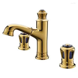 Bathroom Sink Faucets 18K Gold Luxury Brass Faucet Three Holes Pull Out Golden Cold Water Artistic High Qualiy