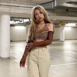 Women's Tanks Retro Printed Brown Halter Crop Cami Tops With Glove Fashion Women Summer 90s Vintage Korean Style Streetwear