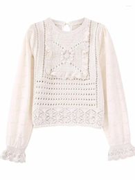 Women's Sweaters Woman Sweet Beige Hollow Out Sweater 2023 Spring Female Casual Lace Patchwork Crochet Tops Ladies Soft Long Sleeve Knit