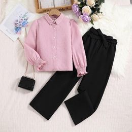 Girl Dresses Girls Dress Long Sleeve Turn-down Collar Pink T-shirt Black Sashes Pants Cute Designer Princess Vestido 8-12T