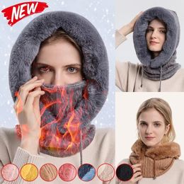 Beanie/Skull Caps Winter Fur Cap Mask Set Hooded for Women Knitted Thick Plush Fluffy Beanies Cashmere Neck Warm Russia Outdoor Ski Windproof Hat 231102