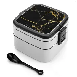 Dinnerware Marble Double Layer Bento Box Portable Lunch For Kids School Gold Black Background Stone Vein Dark Abstract Slab