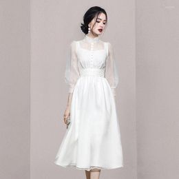 Casual Dresses 2023 Spring Temperament Cheongsam Stand Collar Long Dress Elegant Office Ladies Lantern Sleeve Women Clothing S-XXXL