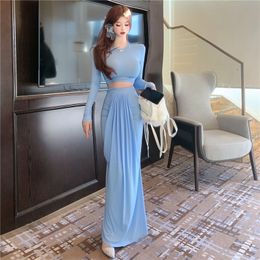 Women's o-neck long sleeve crop top and maxi long skirt 2 piece dress suit twinset SML