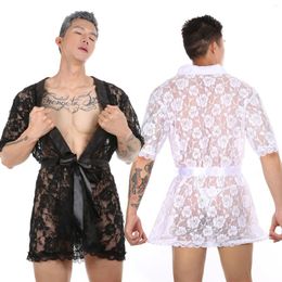 Men's Sleepwear Men Kimono Lace Bathrobe Nightwear Long Robe Sexy Nightgown Loose Bath Gown Erotic Costume With T-back