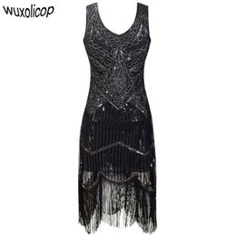 Women Party Robe Femme 1920s Great Gatsby Flapper Sequin Fringe Midi Vestido Summer Art Deco Retro Black Dress Q190417227H