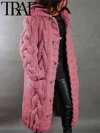 Women's Sweaters TRAF Womans Clothing Fashion Solid Long Cardigan for Oversized Women Large Ladies Sweater Soft Knitwear Pink 2023 231101