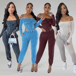 Women's Two Piece Pants Women Fall Joggers Tracksuits Bodysuits Pant Sets Winter Elegant Outfits Crop Tops Ribbed 2 Sweatsuits