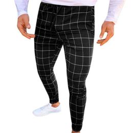 Fashion Outdoor Gym Pants Men Plaid Print Drawstring Elastic Casual Slim-Fit Pencil Pants Trousers Long Stretch Casual Pants 926323L