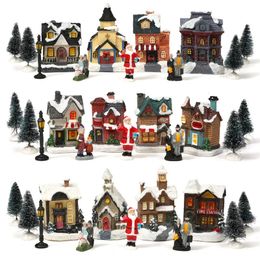 Christmas Decorations Christmas Villas with Lights 10 Pcs Snow House Santa Claus Resin Houses Year's Gift Christmas Village Holiday Ornaments 231101