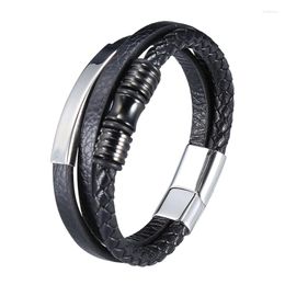 Charm Bracelets Fashion Stainless Steel Black Multilayer Leather Braided Bracelet Men Magnet Clasp Bangles Jewelry Punk Accessories SP0999