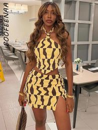 Work Dresses BOOFEENAA Yellow 2 Piece Set Halter Crop Top Mini Skirt Matching Sets 2023 Sexy Nightclub Outfits For Women Short Dress