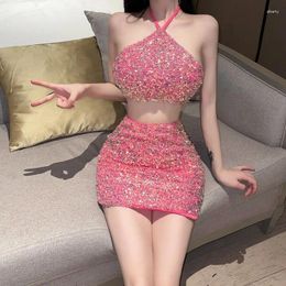 Work Dresses Harajpee Spicy Girl Sequins Suits Europe America 2023 Sexy Hanging Neck Strap Top Short Skirt Elegant Temperament Chic Sets