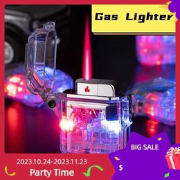 Lighters Outdoor Transparent Shell Waterproof Red Flame Butane No Gas Lighter Cool Colourful Light Portable Turbo Torch Men's To