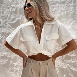 Women's Blouses Vintage Women Fashion Front Knot Elastic Cropped Shirts Smock Blouse Lady Casual Short Sleeve Patch Pockets Female Chic Tops