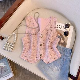 Women's Vests Summer V-Neck Pink Vest Women Loose Sweet Waistcoat Single Breasted Sleeveless Tank Top Slim Short Femme Tweed Cropped