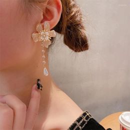 Dangle Earrings Korean Style Crystal Flower-shaped Long Pearl Sweet And Elegant Temperament Girl Jewelry