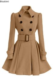 Women's Wool Blends 2023 Womens Elegant Thick Midi Length Doublebreasted Overcoat Keep Warm Aline Loose Hem Tight Waist Woollen Coat with Belt 231101