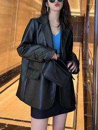 Women's Leather Black Button Biker Jacket Women 2023 Winter Fashion Korean Loose Suit Blazers Female Casual Streetwear Chic Coat