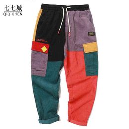 Hip Pants Men Corduroy Color Block Patchwork Cargo Harem Pant Vintage Streetwear Harajuku Jogger Sweatpant Trousers 2021 G1208177v