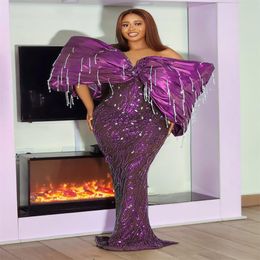 2023 NOV ASO EBI Arabic Purple Mermaid Dress Crystals Cequined Lace Evening Formal impreza Druga przyjęcie urodzinowe suknie zaręczynowe sukienki szata de soiree ZJ02