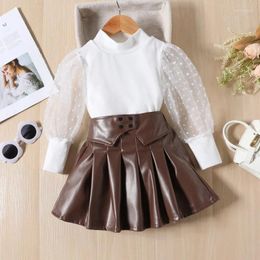 Clothing Sets Fall And Winter Children Long Sleeve PU Pleated Skirt Clothes Set Fashion Girl Suit Mesh White Tops With Dress Outfits