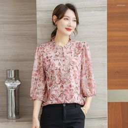Women's Blouses Autumn Summer Women Blouse Chiffon Floral Tops Three-quarter Sleeve Button Elegant Office Lady Korean Style Clothes Female