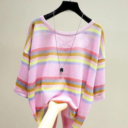 Women's Blouses T-shirt Round Neck Cross Stripe Back Versatile Ice Silk Knit Loose Fashion Top 2023 Summer Comfortable Wear