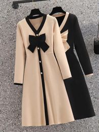 Casual Dresses Plus Size Autumn Winter Knitwears Sweater Office Ladies Elegant Bow V Neck Knitted Dress French Vintage Fragrance