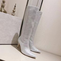 Choo Crystal embellished suede knee-high boots Stilettos Rhinestone knee-high Boots Temperament Dinner Ladies Designer Shoe Factory Shoes with Box