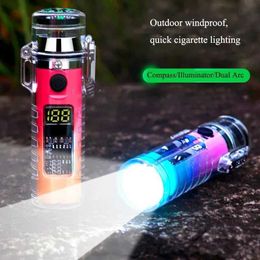 Lighters Waterproof Transparent Outdoor USB Double Arc Windproof Compass Lighter Flashlight Type-C Electric Cigarette for Smoking