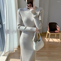 Casual Dresses Elegant Solid Colour Basic Bottoming Knitted Mid-length Sweater For Women O-neck Long-sleeved All-matched Dress