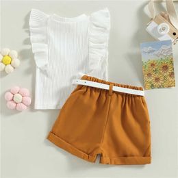 Summer Kids Clothes Girls Suit Baby Flying Sleeves Tank TopswithShorts with Belt 3Pcs Set Children's Clothing