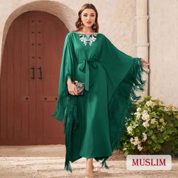 Ethnic Clothing Fashion Muslim Women Party Abaya Dubai Elegant Green Embroidery Abayas Tassel Dress With Bet Female Kaftan Musulman Robe