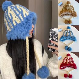 Berets Sweet And Hair Knitted Women's Hats Autumn Winter Velvet Warm Christmas Atmosphere Ear Protection Bomber Cap
