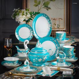 Dinnerware Sets Jingdezhen-Enamel Colour Bowl And Dish Set Household Chinese Court Bone Porcelain 10 People 70 Pieces
